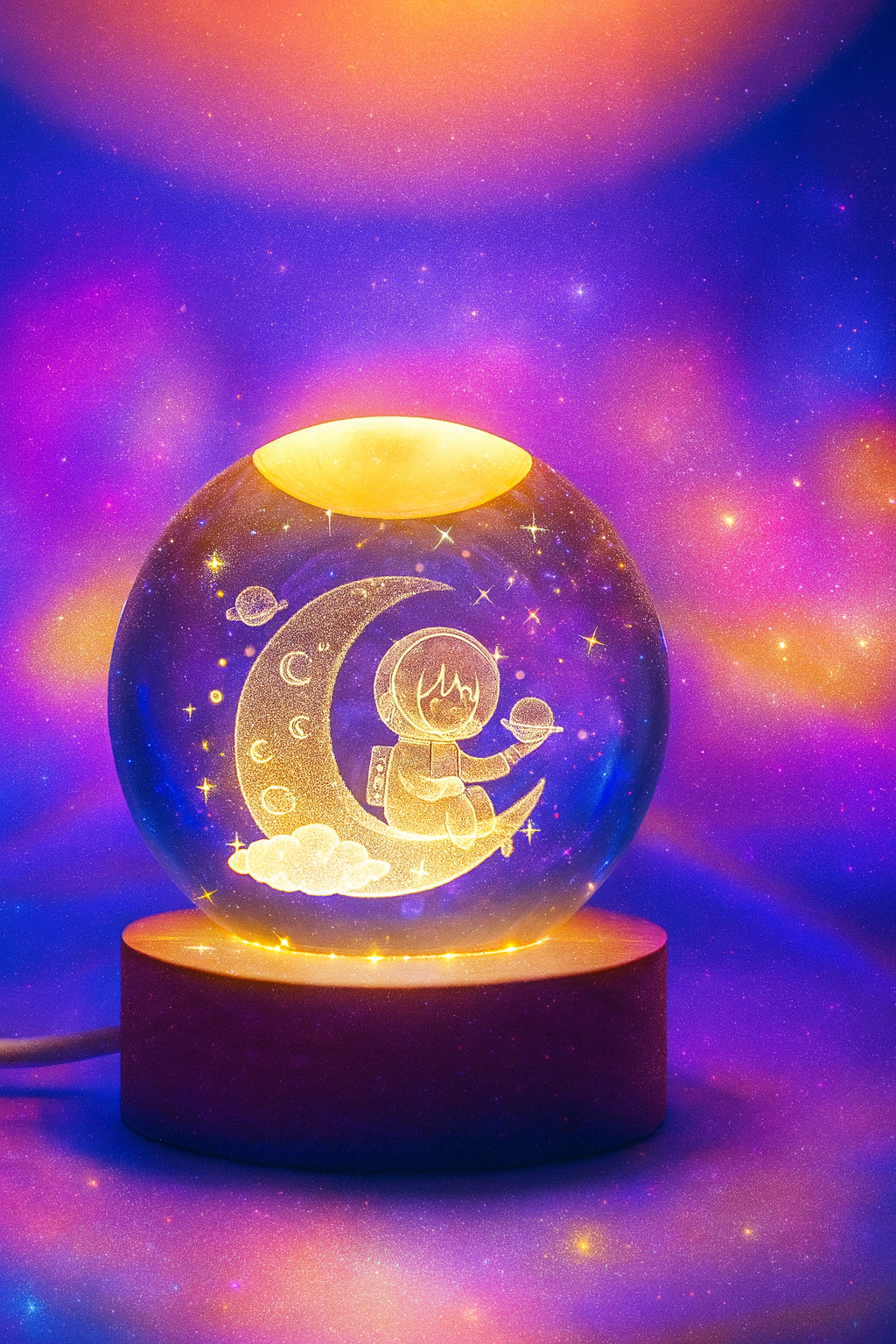 Enchanting Astronaut on Moon Crystal Ball Night Light | Warm LED Kids Room Decor Lamp | 3D Engraved Galaxy Globe Souvenir Gift | Celestial Bedside Light for Space Lovers & Children