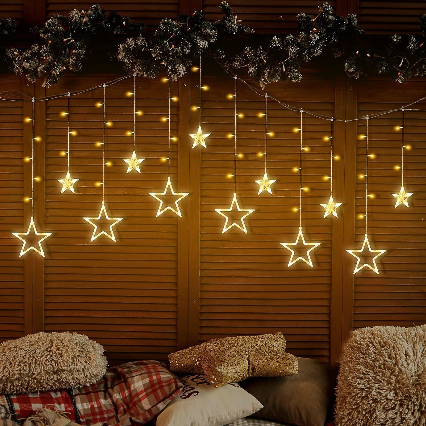 Star Curtain String Lights - 12 Stars (6 Big, 6 Small) Warm White LED Fairy Lights for Diwali, Christmas, Wedding, Festival, Home Decor - Window, Wall, Bedroom Decoration