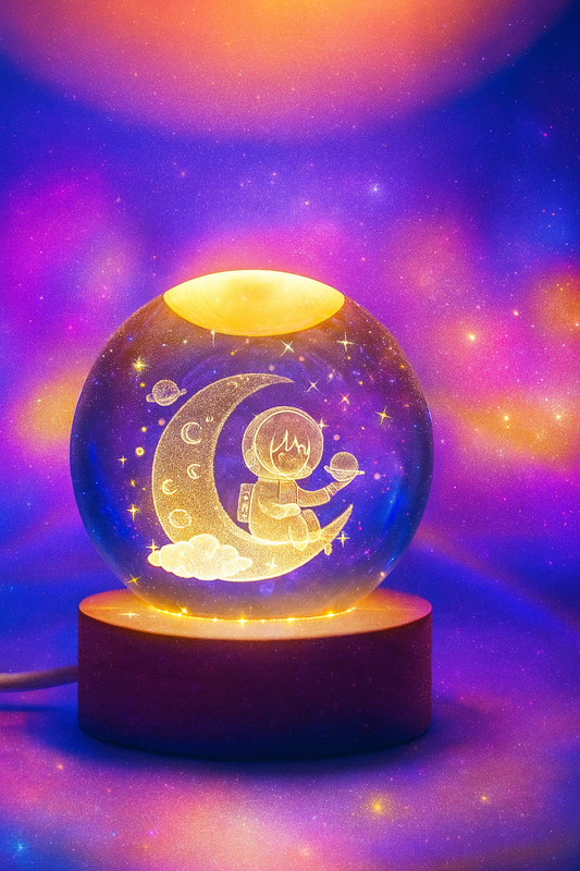Enchanting Astronaut on Moon Crystal Ball Night Light | Warm LED Kids Room Decor Lamp | 3D Engraved Galaxy Globe Souvenir Gift | Celestial Bedside Light for Space Lovers & Children
