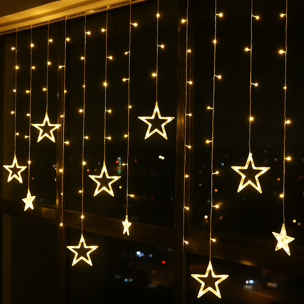 Star Curtain String Lights - 12 Stars (6 Big, 6 Small) Warm White LED Fairy Lights for Diwali, Christmas, Wedding, Festival, Home Decor - Window, Wall, Bedroom Decoration