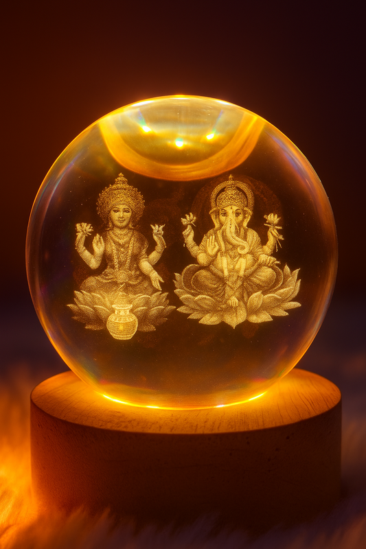 Premium 3D Crystal LED Lamp of Lakshmi & Ganesha | Divine Night Light with Wooden Base | Spiritual Pooja Room Decor & Festive Gift