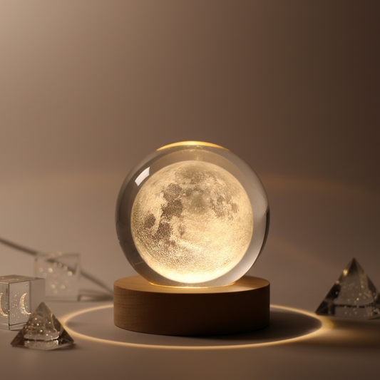3D Engraved Moon Crystal Ball Night Light Lamp - USB Powered LED Warm Glow Table Lamp with Wood Base - Perfect for Bedroom, Office Decor & Gifts