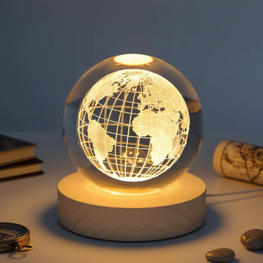 3D Globe Crystal Ball Night Lamp | Warm LED Light with Wooden Base | Educational & Decorative Gift for Travelers & Students