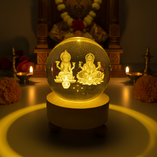 Lakshmi Ganesh LED Crystal Globe Night Lamp with Wooden Base | 3D Engraved Crystal Light for Home Décor, Pooja Room & Gifting