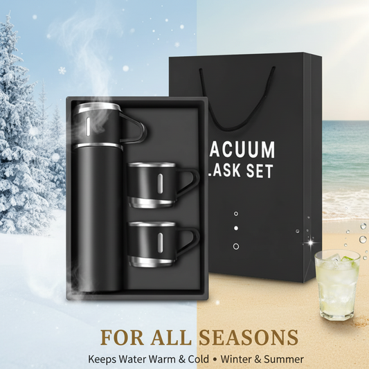 Premium Vacuum Flask Set with 3 Cups | Stainless Steel Hot & Cold Thermos Bottle Gift Set | Travel Flask for Office, Home, Outdoor, Gifting
