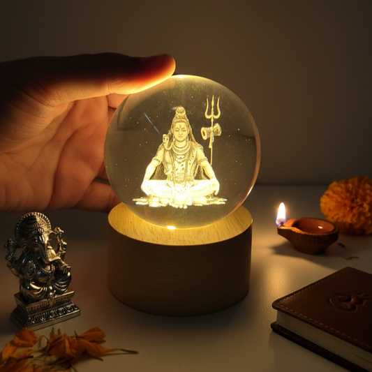 Premium 3D Crystal LED Lamp of Lord Shiva | Mahadev Night Light with Wooden Base | Spiritual Pooja Room Decor & Gift