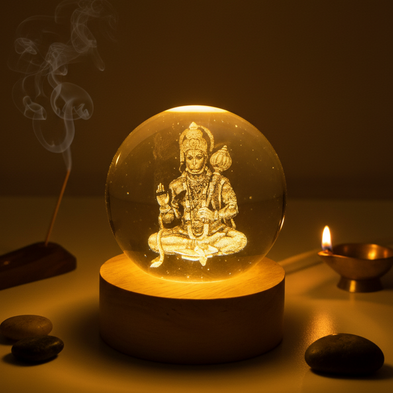 Premium 3D Crystal LED Lamp of Lord Hanuman | Spiritual Night Light with Wooden Base | Pooja Room Decor & Festive Gift