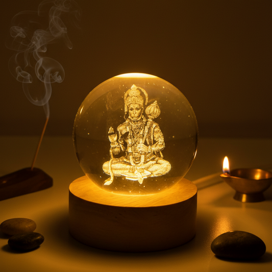 Premium 3D Crystal LED Lamp of Lord Hanuman | Spiritual Night Light with Wooden Base | Pooja Room Decor & Festive Gift
