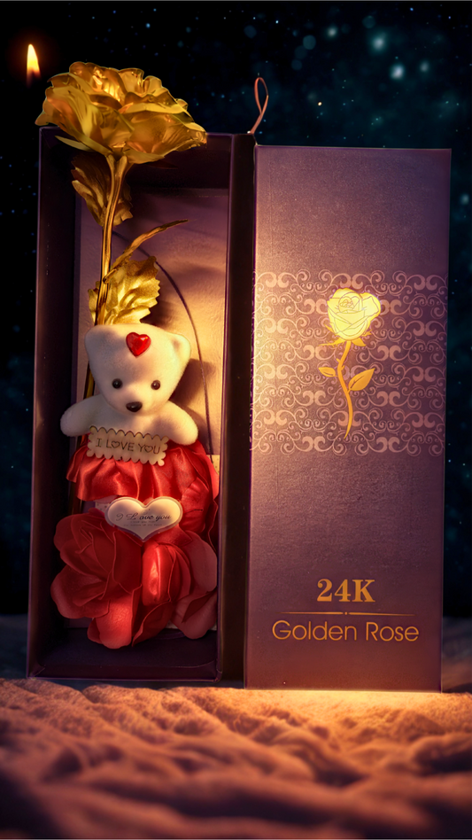 24K Gold Plated Rose with Cute Teddy Bear & Gift Box | Romantic Valentine’s Day, Anniversary & Birthday Gift for Girlfriend, Wife, Women
