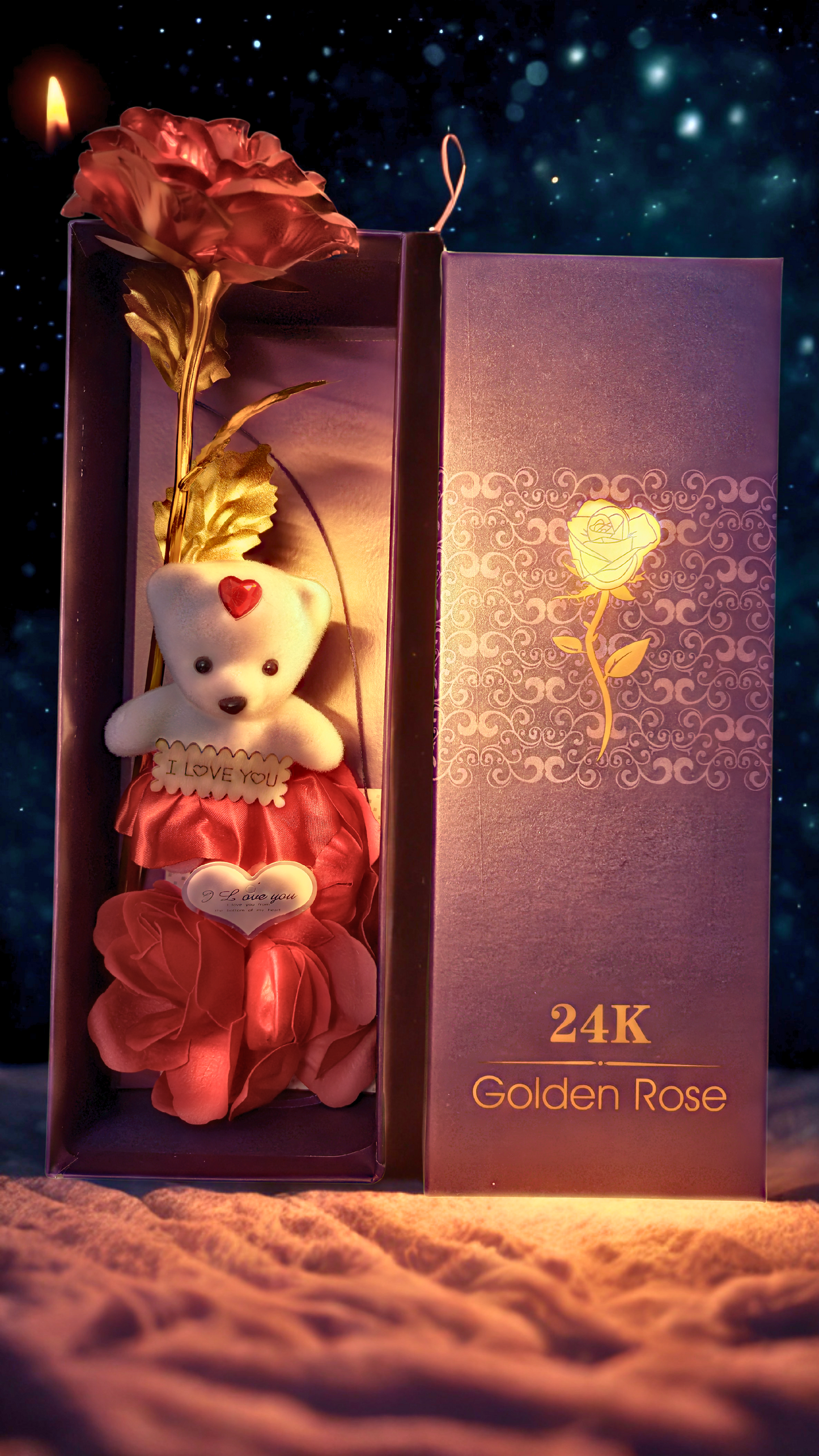 24K Red Plated Rose with Cute Teddy Bear & Gift Box | Romantic Valentine’s Day, Anniversary & Birthday Gift for Girlfriend, Wife, Women
