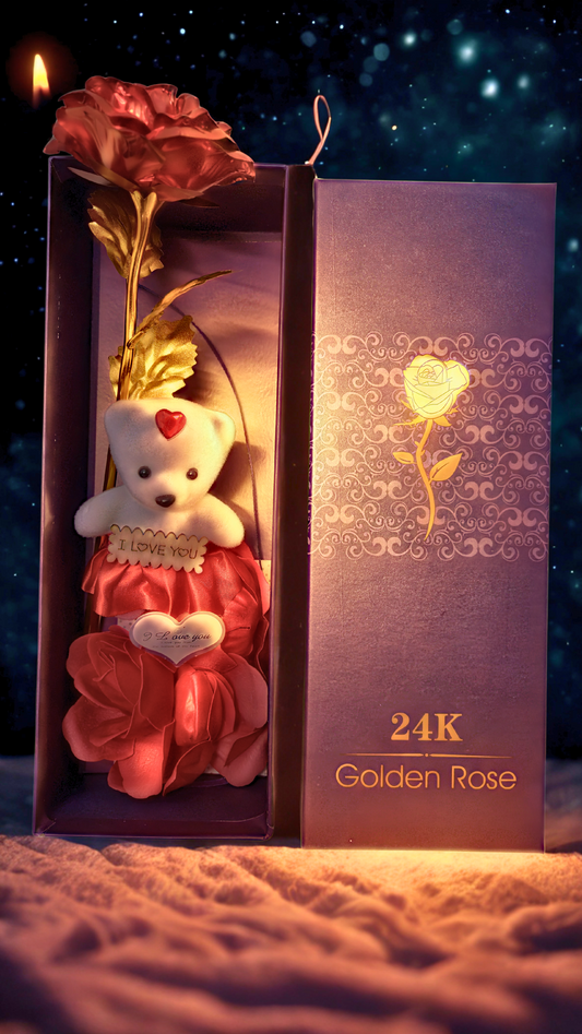 24K Red Plated Rose with Cute Teddy Bear & Gift Box | Romantic Valentine’s Day, Anniversary & Birthday Gift for Girlfriend, Wife, Women