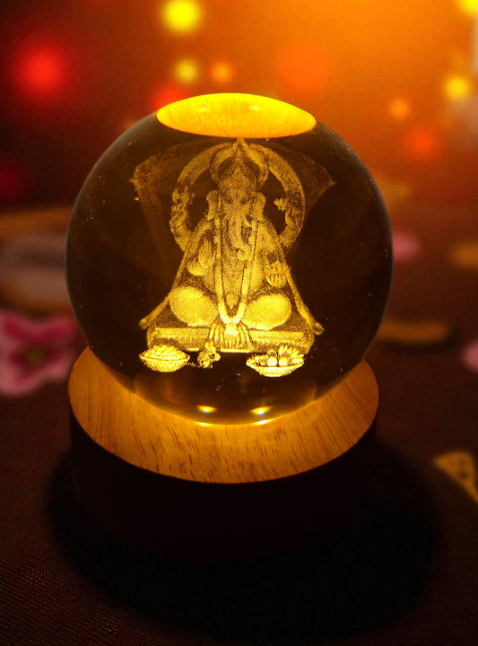 Premium 3D Crystal LED Lamp of Lord Ganesha | Divine Night Light with Wooden Base | Spiritual Pooja Room Decor & Festive Gift