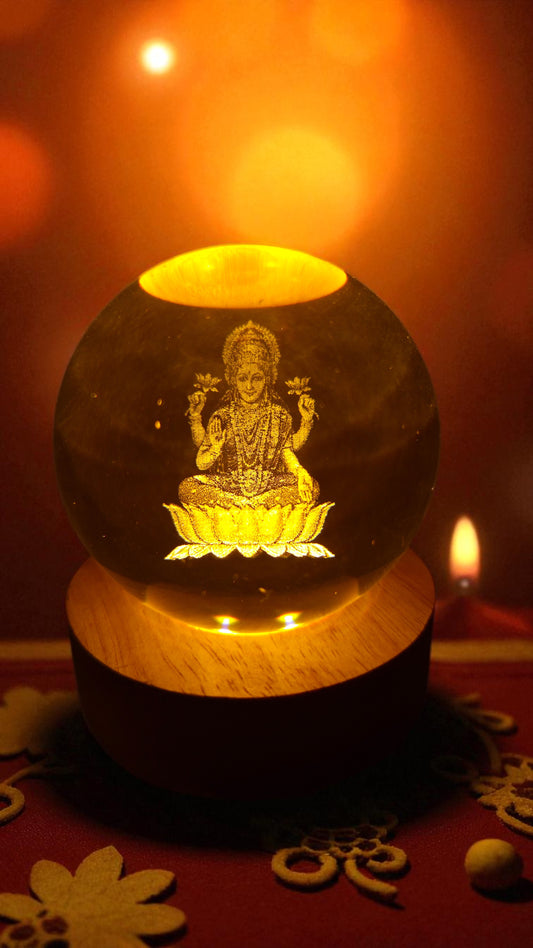 Premium 3D Crystal LED Lamp of Goddess Lakshmi | Spiritual Night Light with Wooden Base | Pooja Room, Home Decor & Festive Gift
