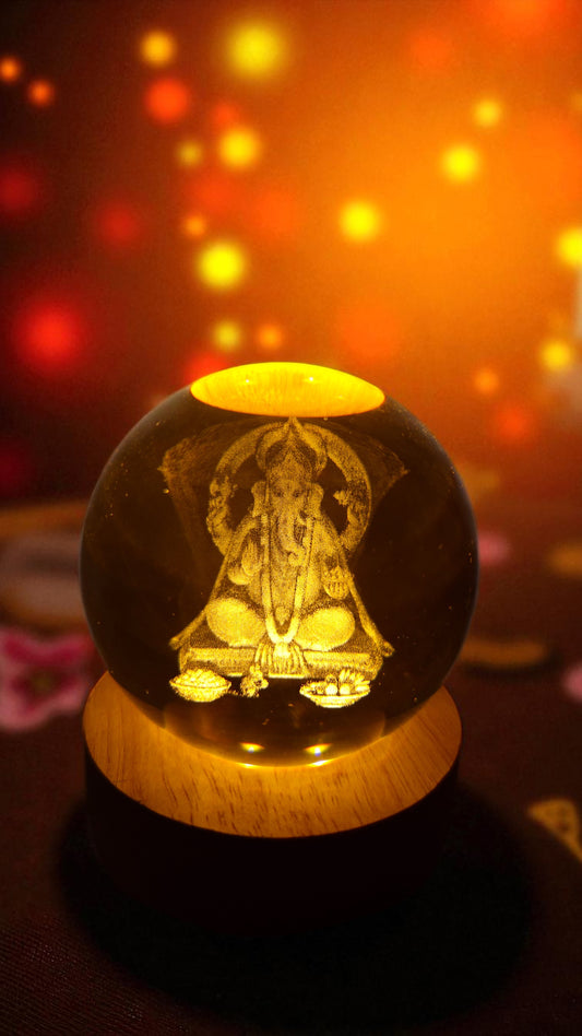 Ganesh Ji LED Crystal Ball Night Lamp with Wooden Base | 3D Lord Ganesha Decorative Light for Home, Office & Gift